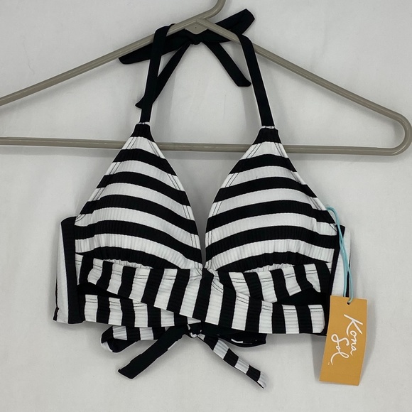 Kona Sol Womens XS Faux Wrap Halter Bikini Top Black White Stripes Halter Neck - Picture 2 of 5